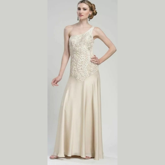 Sue Wong One Shoulder Embroidered Mesh Floral Pattern Satin Full Length … - Picture 1 of 9